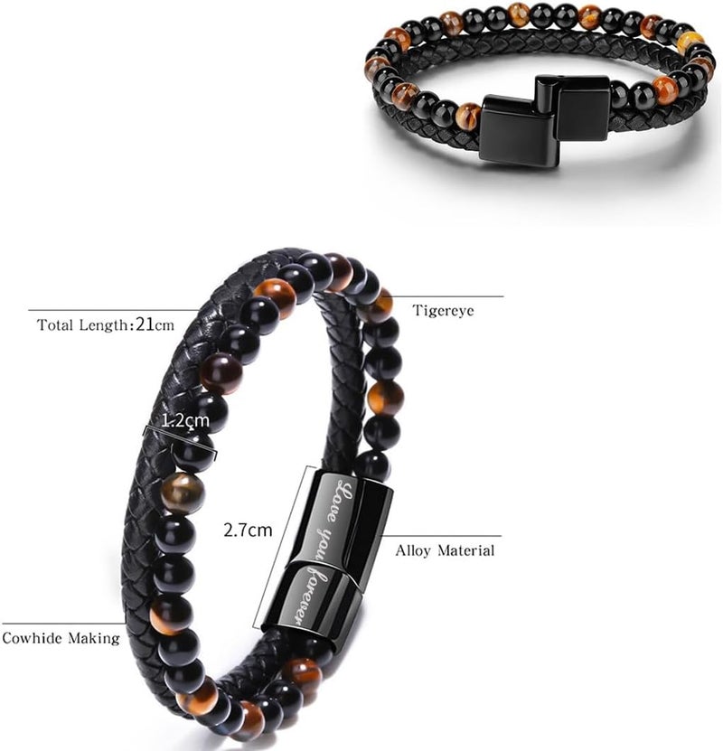 DivaGlamz The Guardian - Son's Tiger Eye Protection Bracelet From Mom, Black Braided Leather natural stone Inspirational Bracelets Engraved Love You Forever Birthday Gift Jewelry - Image 4